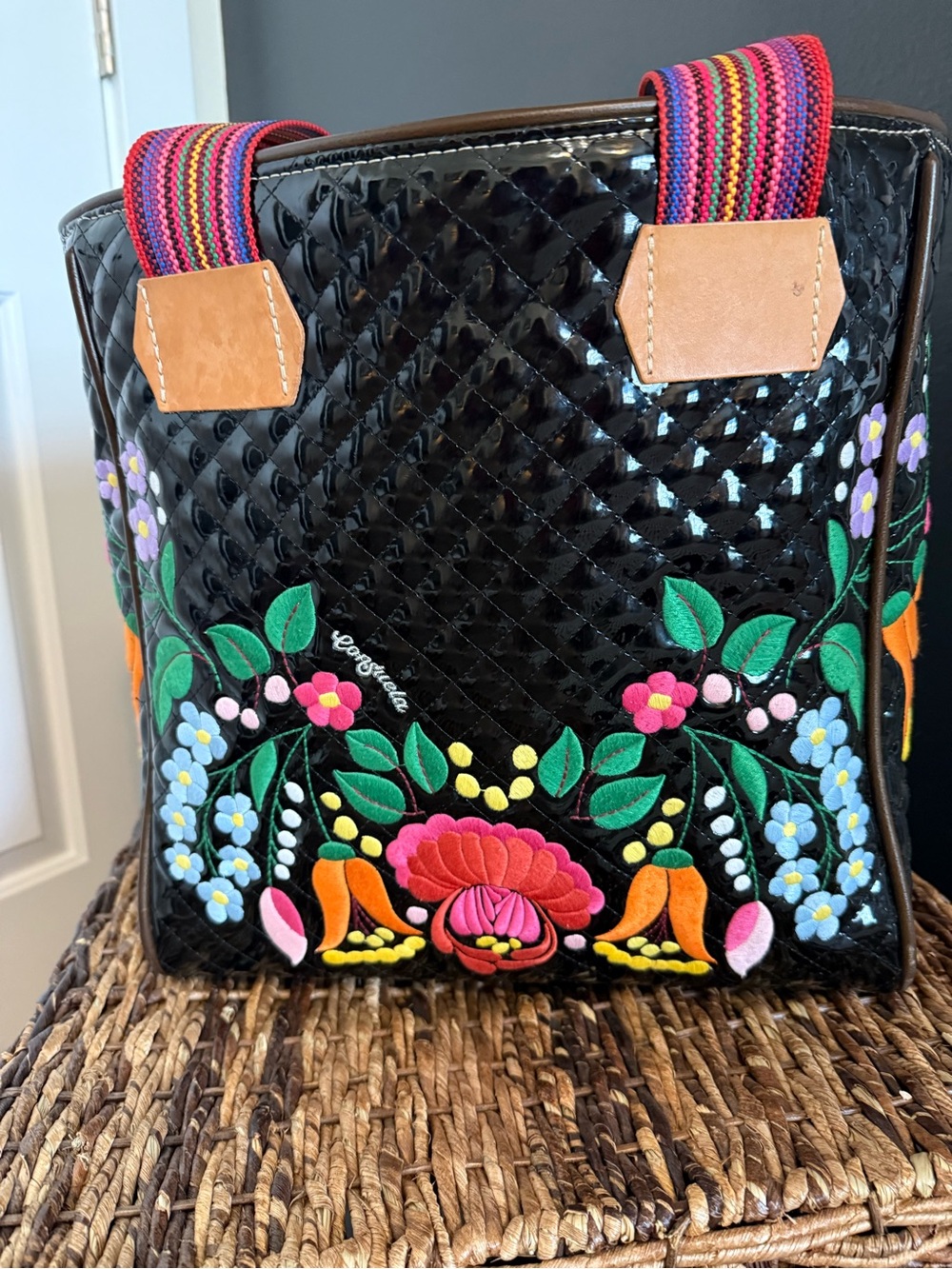 ❤️ Consuela La Reina with Multicolor Floral Embroidery and Striped Straps ❤️